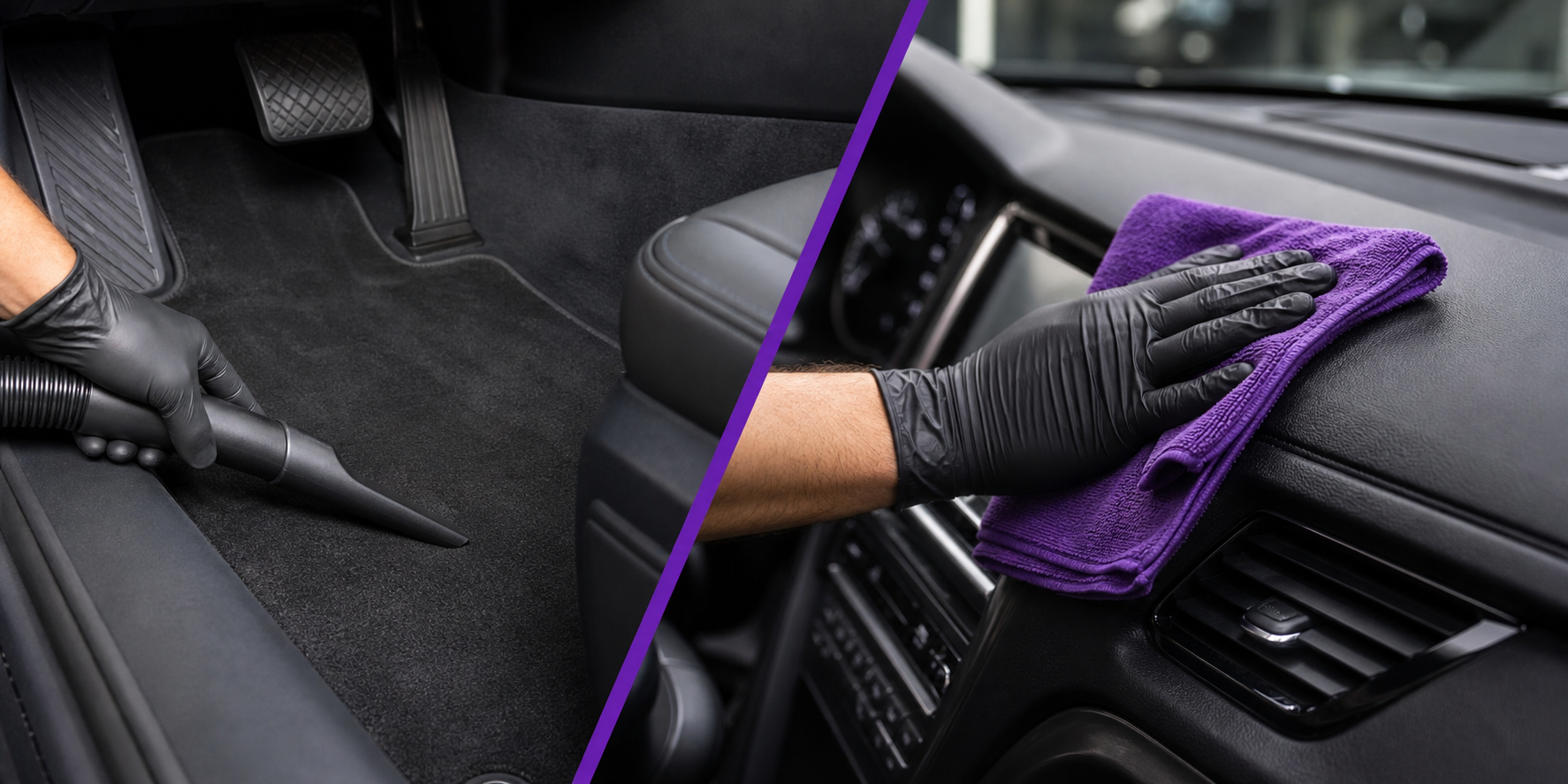 Vehicle interior detailing with carpet vacuuming and dashboard cleaning