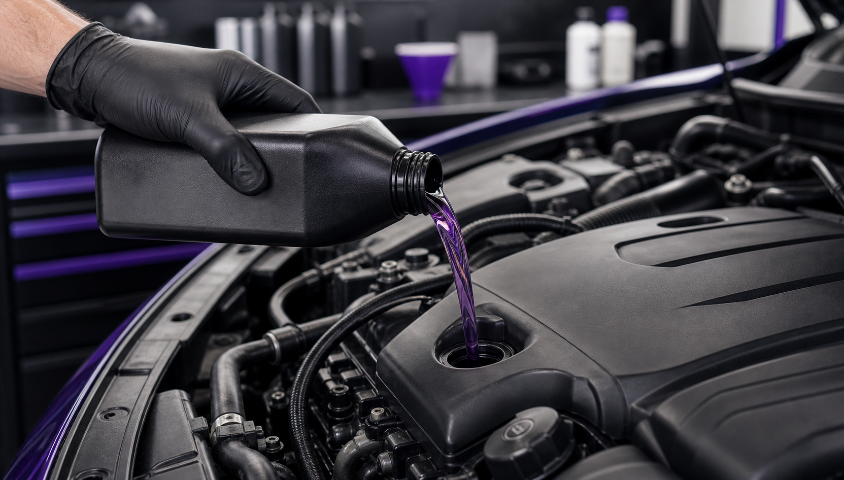 Fresh oil with a purple hue being poured into a vehicle engine