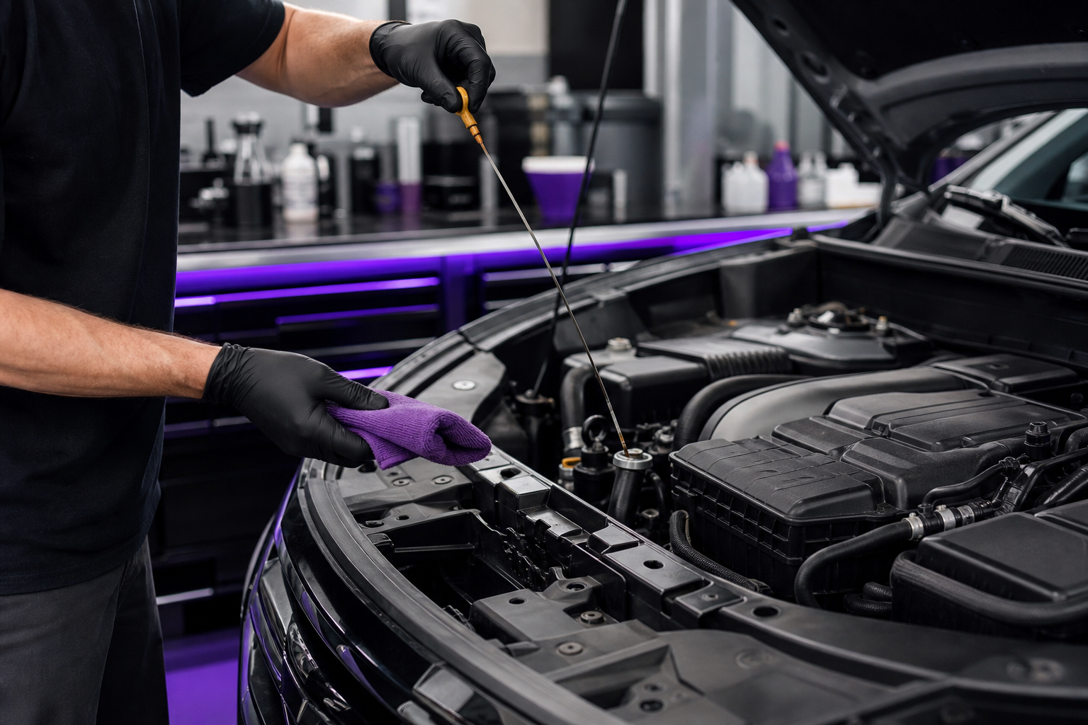 Technician checking engine oil during a quick lube service